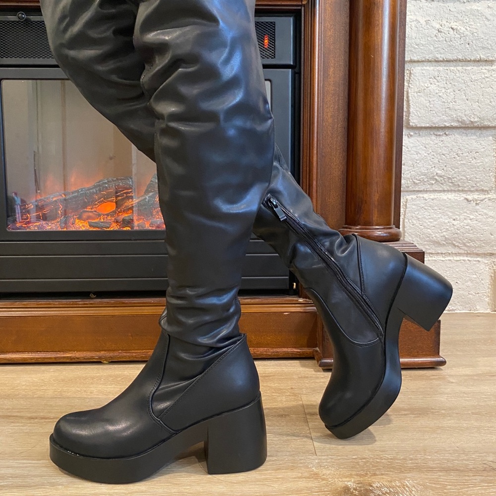 Thigh High Vegan Leather Chunky High Heel Boots OTK - Picture 13 of 13